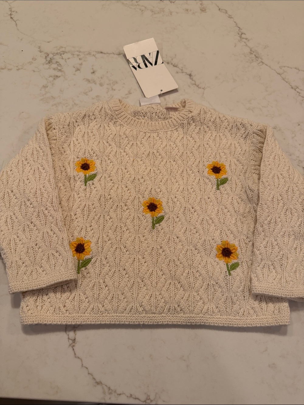 ZARA Cream Cable-Knit Crewneck with Sunflower Embroidery 12-18 mo NWT